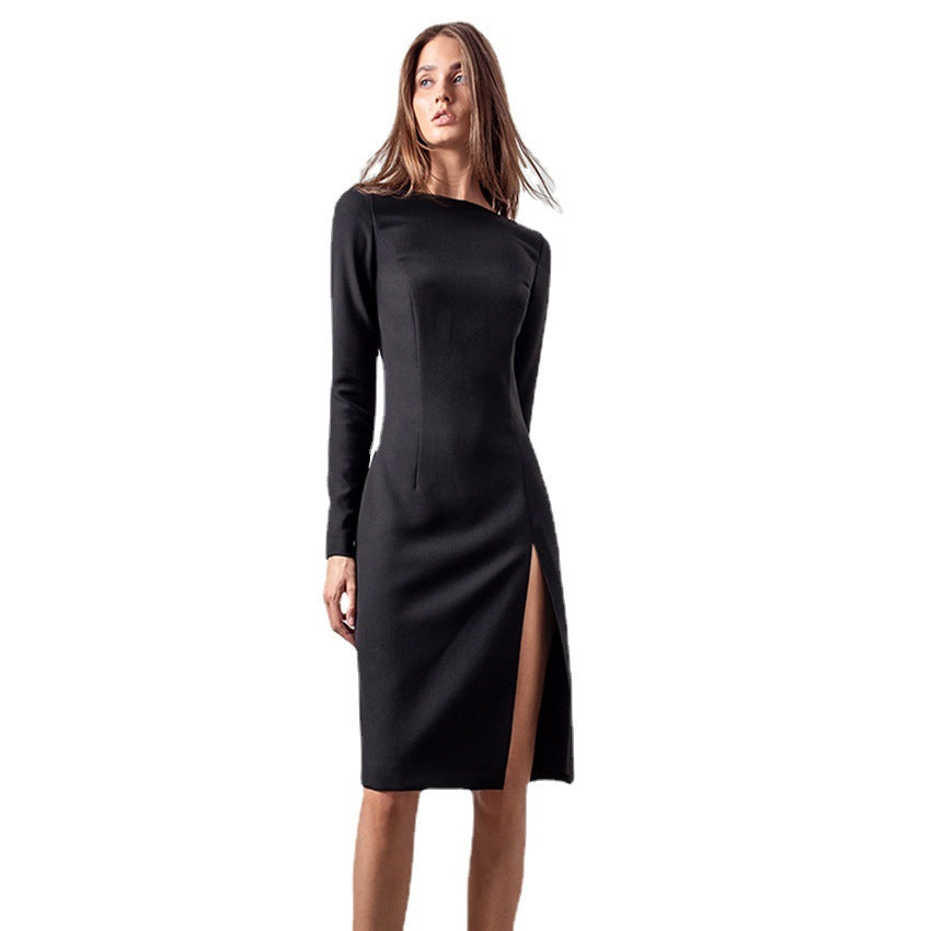 Women's Knitted Slit Sexy Long-sleeved Right-angle Shoulder Commuter French Dress