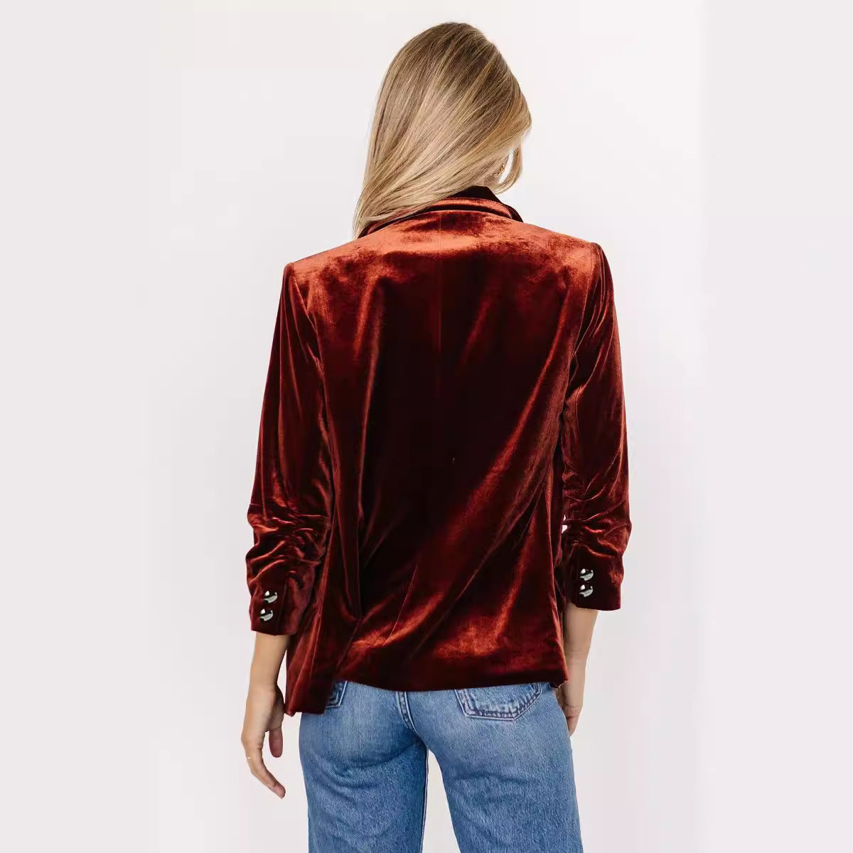 Women's Gold Velvet Diagonal Pocket Lapel Long Sleeve Suit