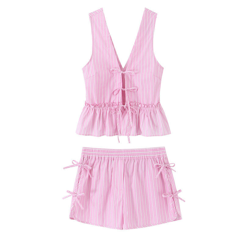 Bowknot Decoration Striped Top Casual Shorts