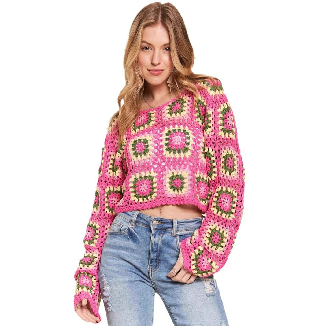 Multi-color Blocks Hollow Ethnic Style Bandage Dress Ladies Loose Pullover Top