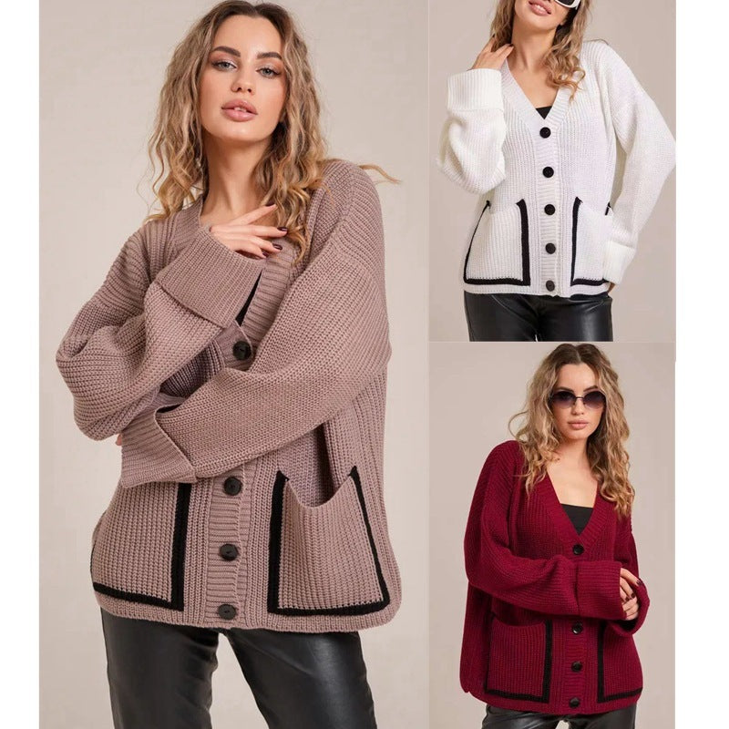 Loose-fitting V-neck Pocket Contrast Color Knitted Cardigan Sweater Coat
