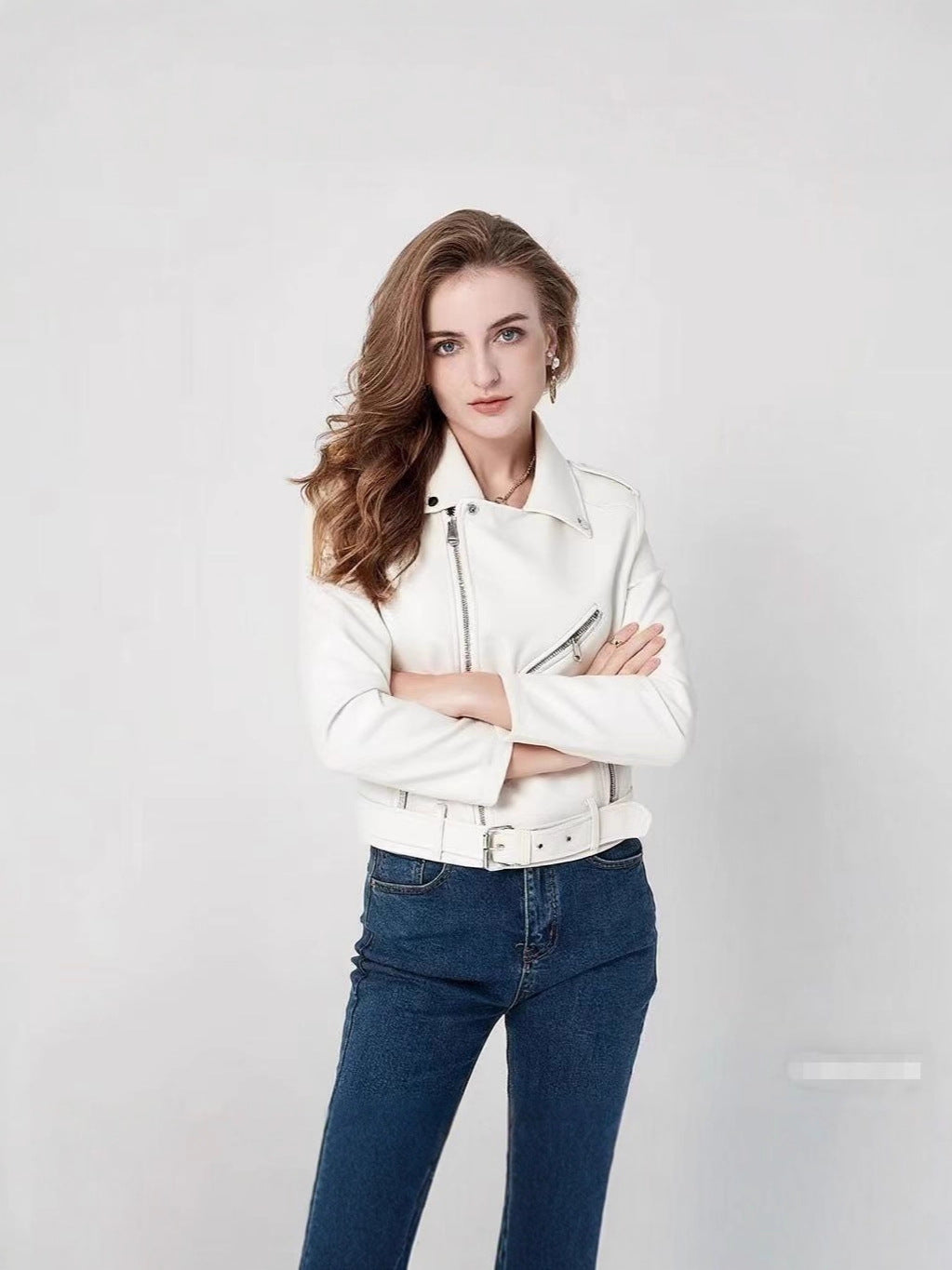 Women's Fashion Diagonal Zipper Slim Fit Washed Motorcycle Jacket