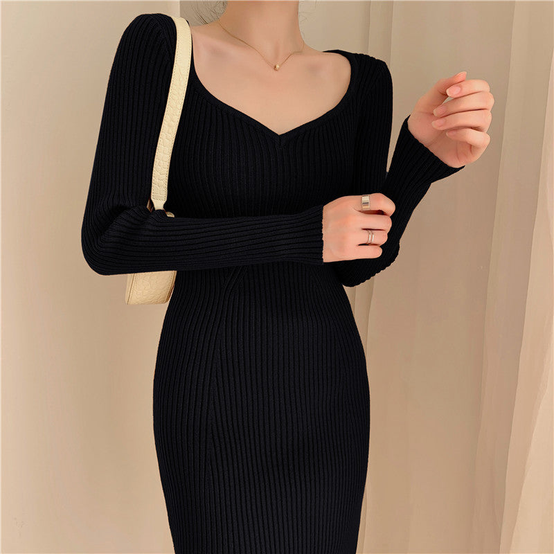 French Slim Knit Dress With Peach Heart Collar