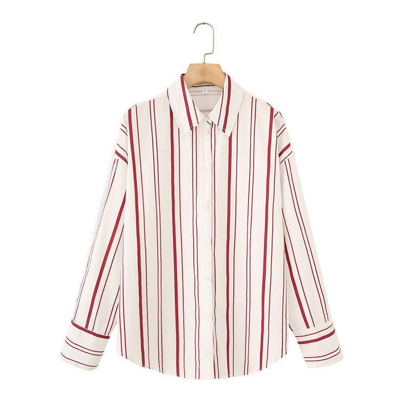 Striped Poplin Cotton Long-sleeved Lapel Shirt