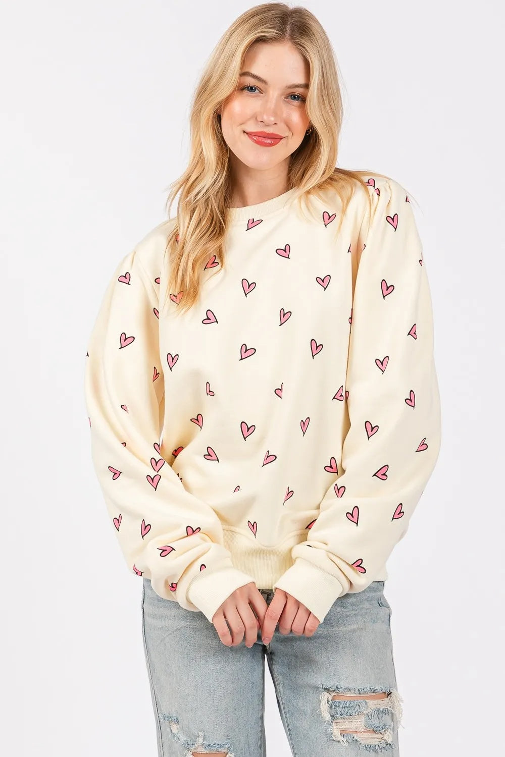 SAGE FIG Heart Printed Contrast Long Sleeve Sweatshirt