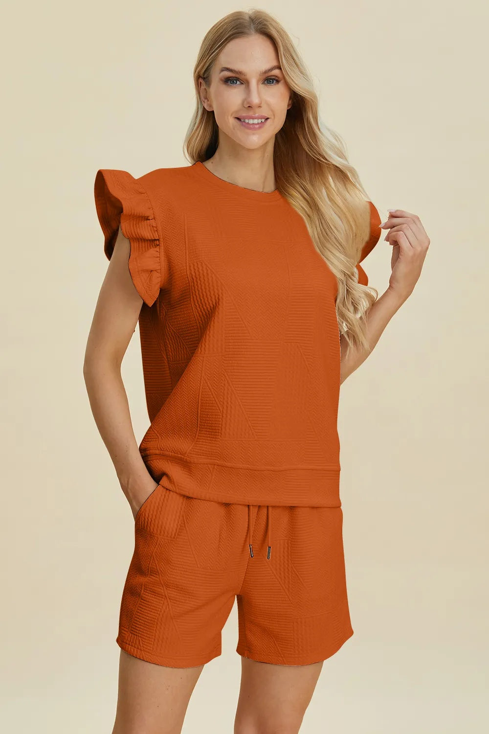 Double Take Full Size Texture Round Neck Ruffle Sleeve Top And Shorts Set