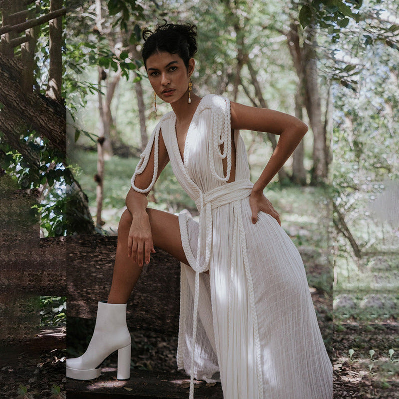 Rope Strapless Halter Loose Vacation Beach Dress For Women