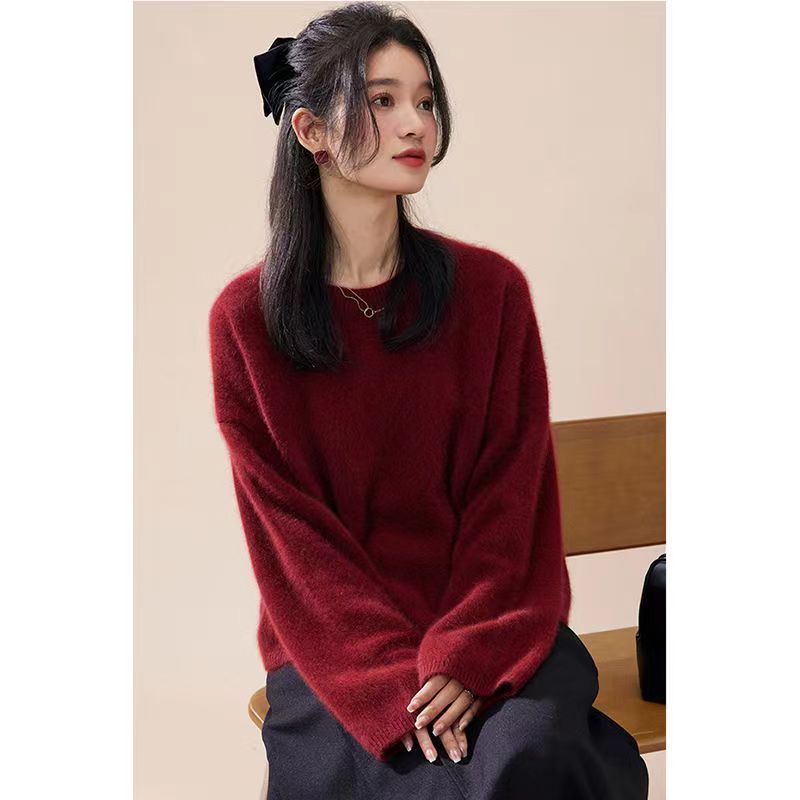 Red Pullover Women's Fall And Winter Outer Wear Mid-length Comfortable Retro Slit Knit Sweater