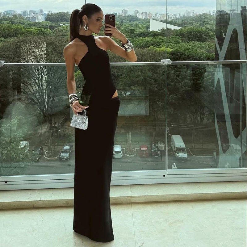 Solid Color Round-neck High Waist Slim-fit Hip Skirt Suit