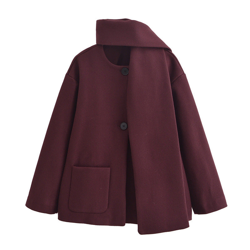 European And American Style Women's New Elegant Mixed Scarf Round Neck Coat