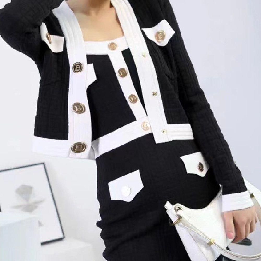 Contrast Knitted Buttock Skirt Fashion Suit