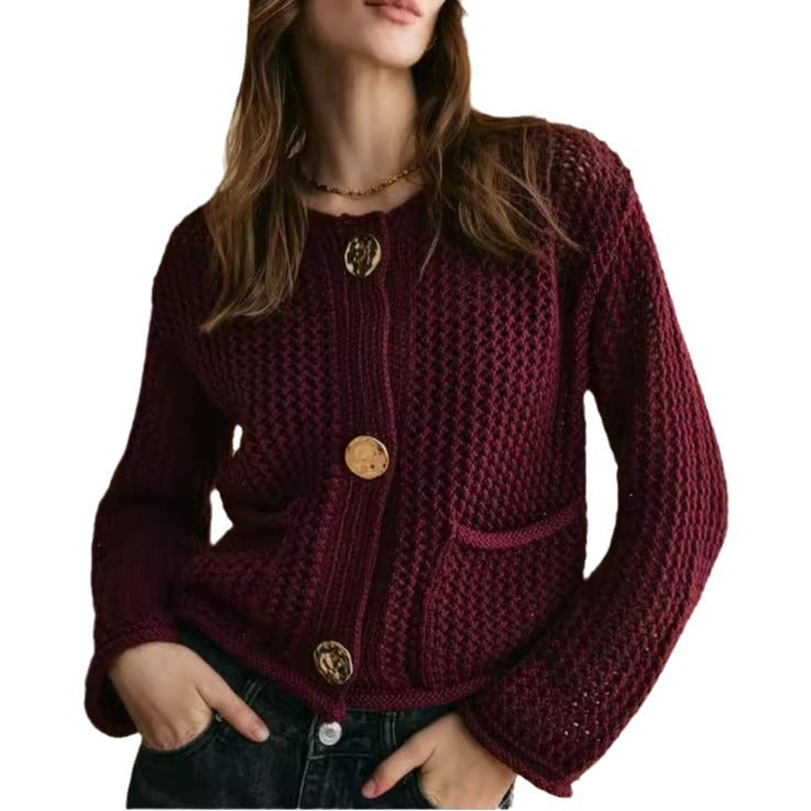 Fashion Round Neck All-matching Basic High-grade Thick Needle Cardigan For Women