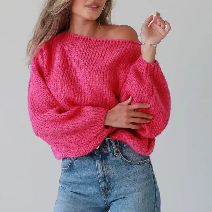 Women's Off-shoulder Solid Color Loose Knitted Pullover Sweater