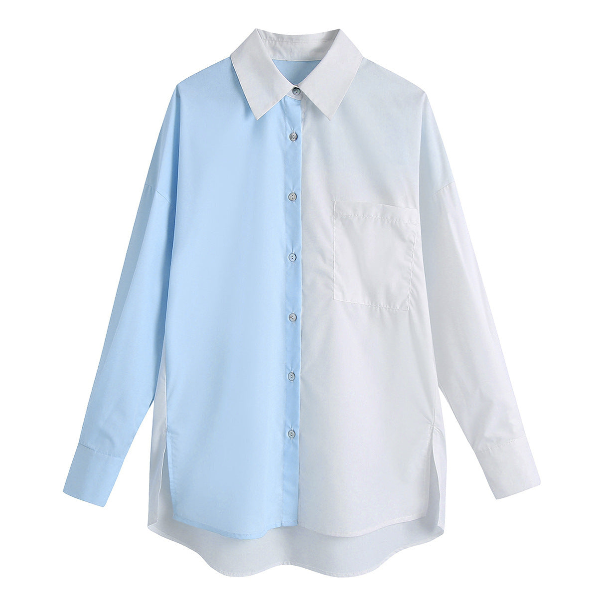 Fashion All-match Cardigan Stitching Single-breasted Cotton Lapel Blue Top Women's
