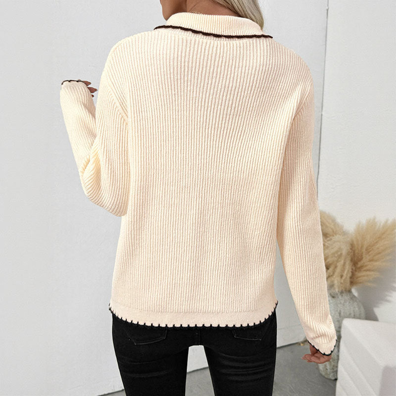 Sweet Bow Lace-up Turn-down Collar Trim Contrast Color Sweater Women's Cardigan