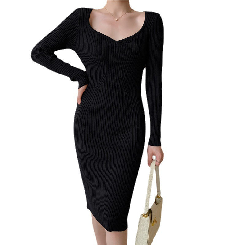 French Slim Knit Dress With Peach Heart Collar