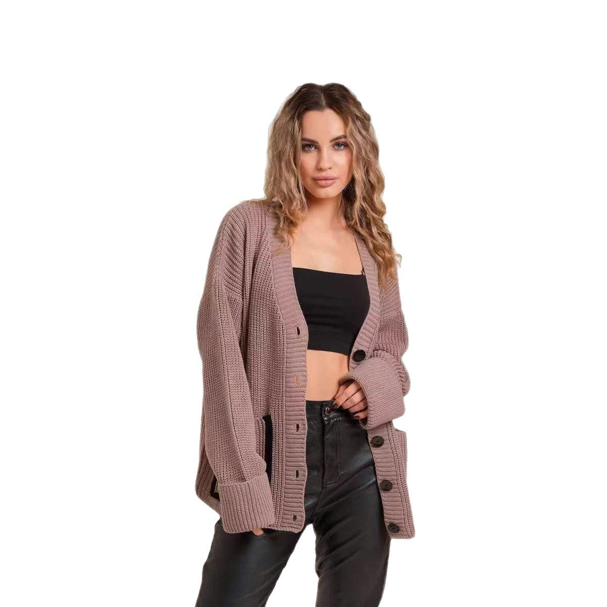 Loose-fitting V-neck Pocket Contrast Color Knitted Cardigan Sweater Coat