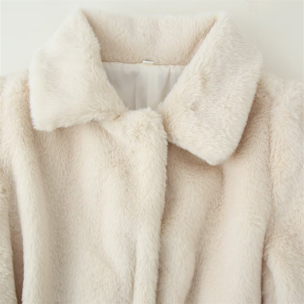 Lapel Women's Casual Slim-fit Solid Color Belt-effect Faux Fur Coat