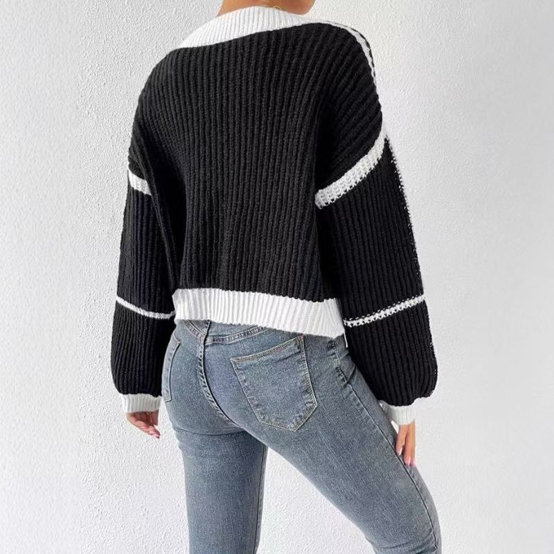 Cardigan Color Contrast Patchwork Striped Loose Sweater