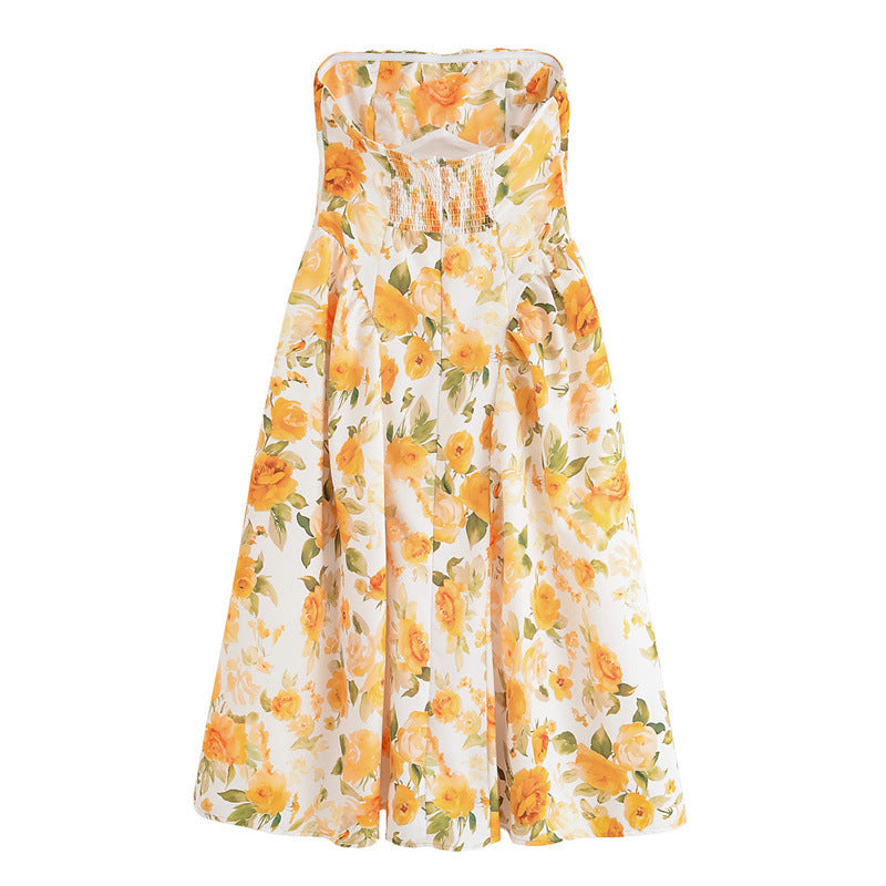 Vacation Style Printed French Style Temperament Tube Top Floral Dress