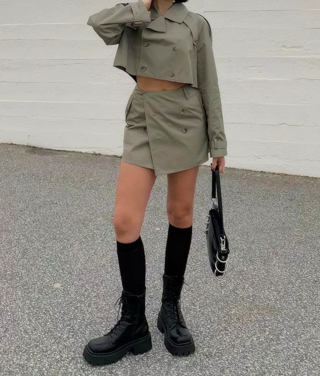 Double-breasted Lapel Windbreaker Jacket High Waist Bag Hip Skirt Suit