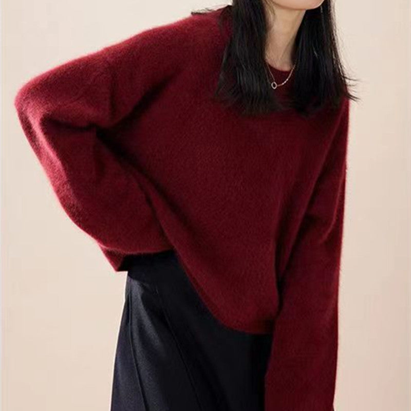Red Pullover Women's Fall And Winter Outer Wear Mid-length Comfortable Retro Slit Knit Sweater