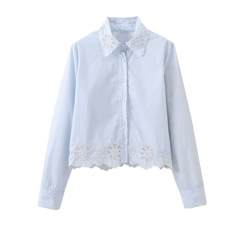 European And American Style Fashion All-match Hollow Embroidered Stripes Short Shirt