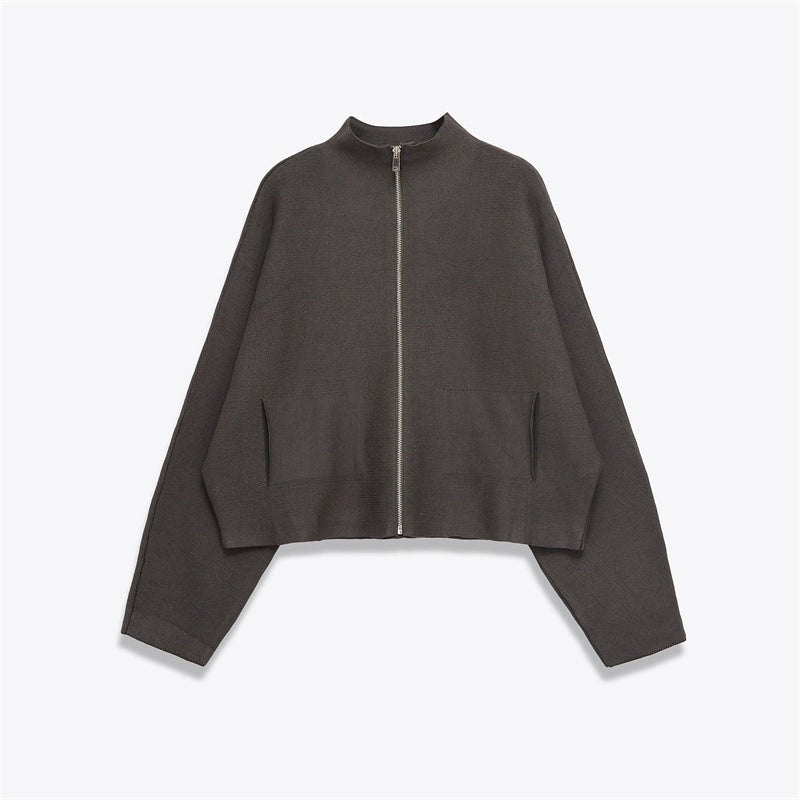 Women's Stand Collar Zipper Long Sleeve Knitted Coat