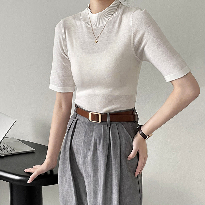 Half Turtleneck Slim Fit And Thin Solid Color Short-sleeved Knitted