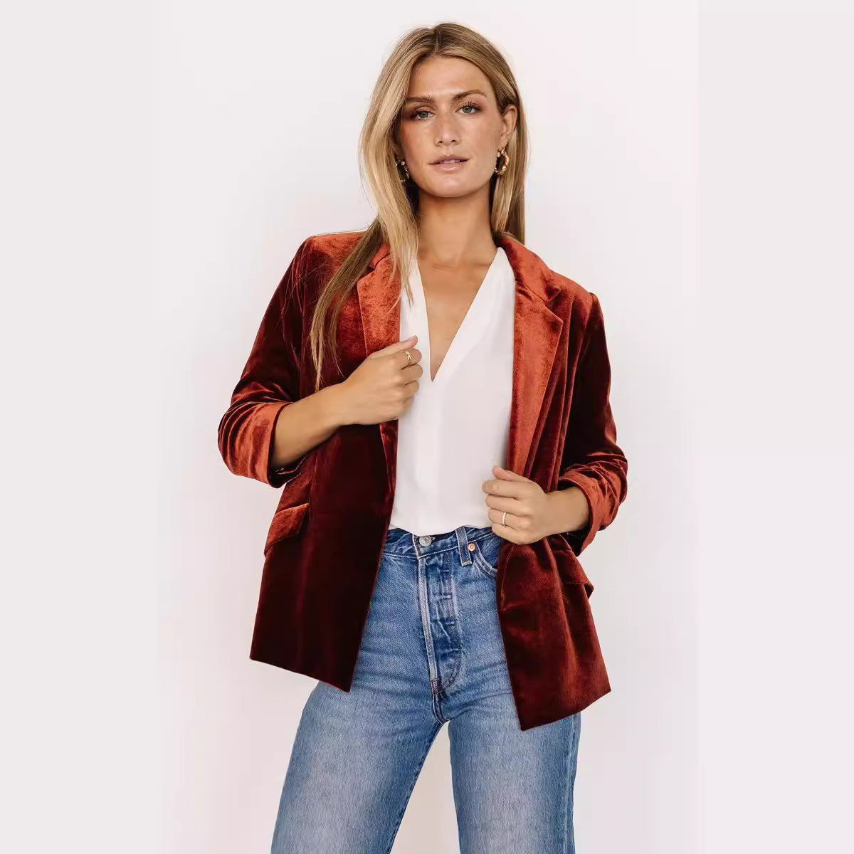 Women's Gold Velvet Diagonal Pocket Lapel Long Sleeve Suit