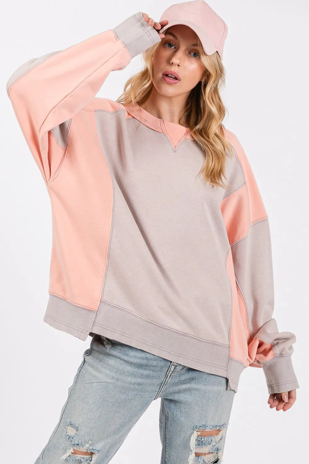 SAGE  FIG Color Block Round Neck Sweatshirt