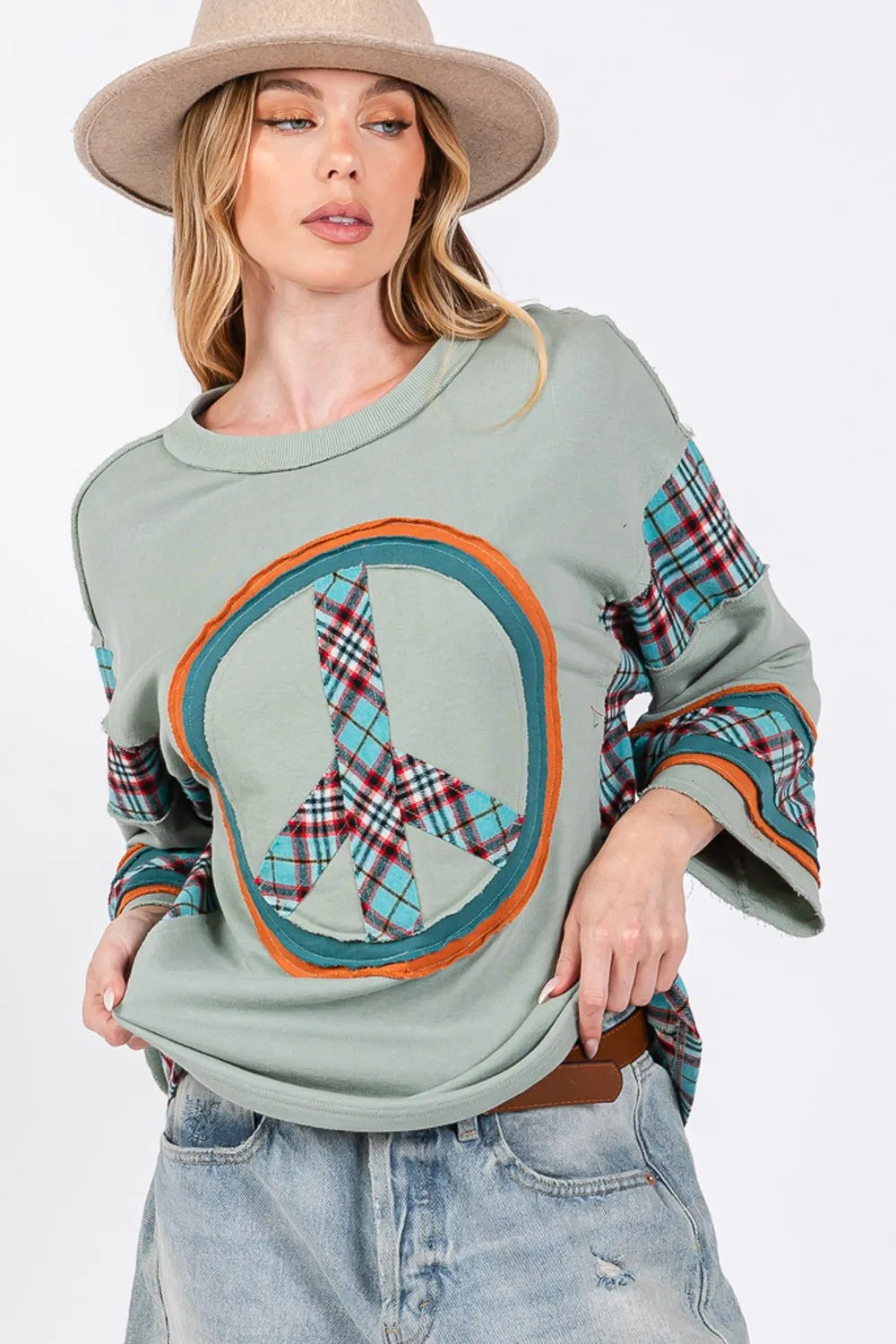 SAGE  FIG Peace Applique Patch Contrast Plaid Top