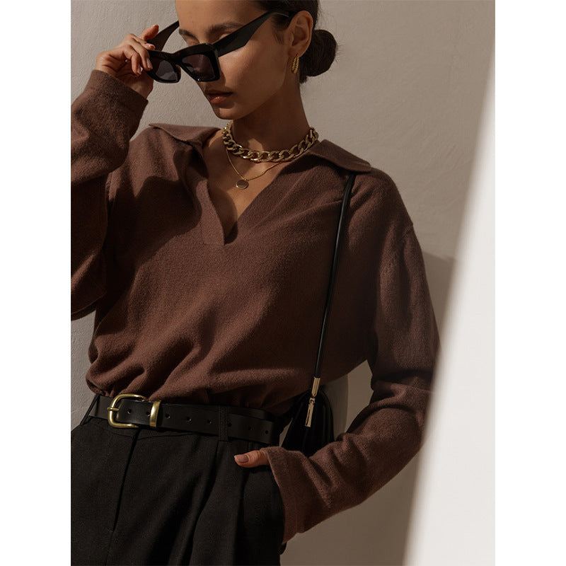 Solid Color Lapel Sweater Temperament Elegant Long Sleeve Retro