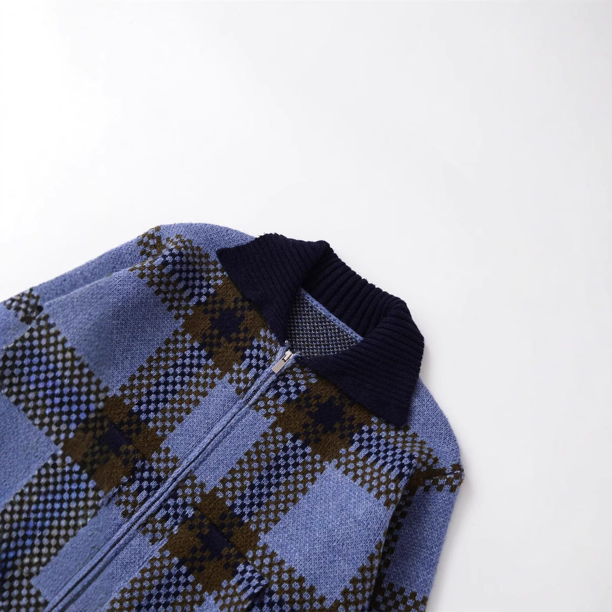 New Stylish And Versatile Plaid Zip-up Knit Sweater