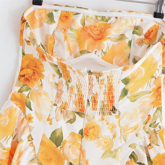 Vacation Style Printed French Style Temperament Tube Top Floral Dress