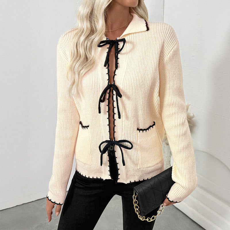 Sweet Bow Lace-up Turn-down Collar Trim Contrast Color Sweater Women's Cardigan