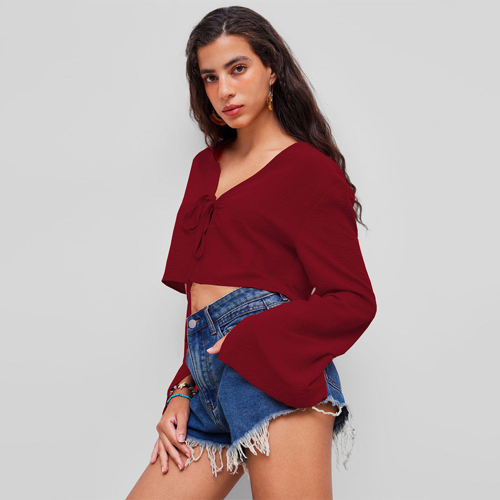 European And American Sexy V-neck T-shirt Autumn And Winter Chest Tie Small Batch Wine Red Cardigan Women