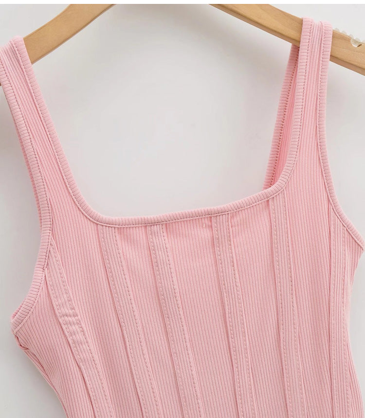 Slim Fit Striped Square Neck Solid Color Sleeveless Tank Top