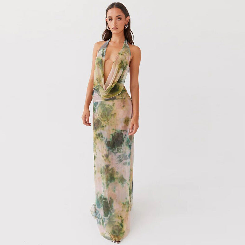 2pcs Tie Dye Printing Deep V-neck Suits Fashion Halter dress
