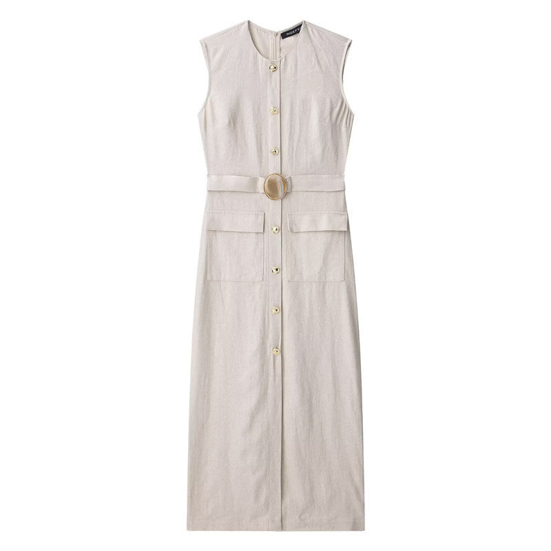 Summer Linen Blend Buckle Decoration Midi Skirt Short Sleeve Dress