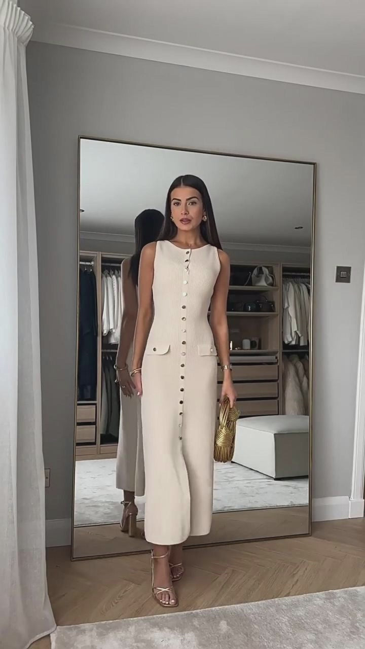 Elegant Knitted Sleeveless Dress With Single Breast Fashion Slim Round Neck Long Dresses Womens Clothing