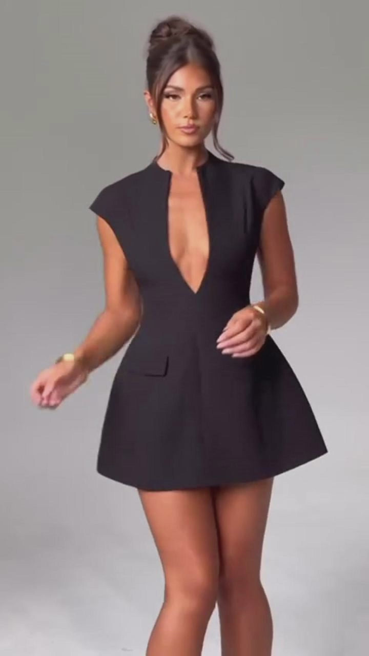 Sexy Deep V-neck A-line Dress Summer Fashion French Style Slimming Short Dresses Cardigan Temperament Dress Skirt Hot Girl